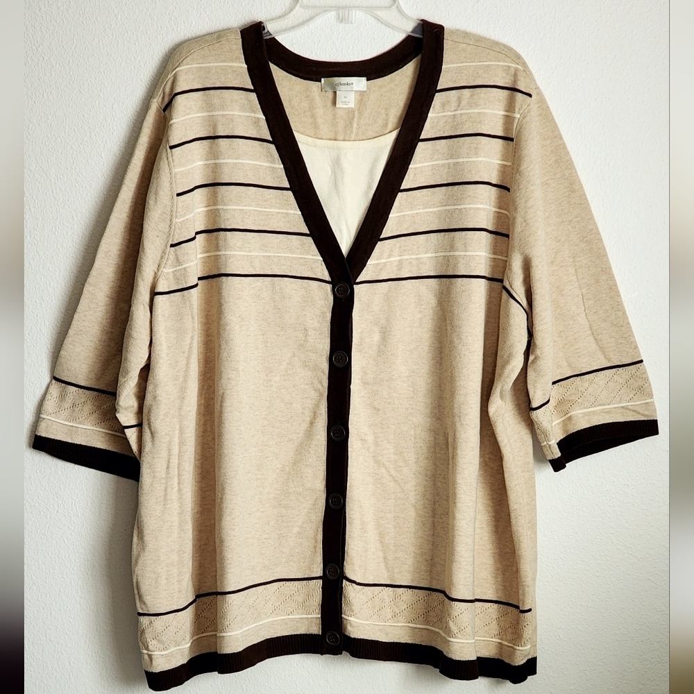 CJ Banks Brown/Cream 2 in 1 Knit Tunic Sweater 3/4 Sleeves Pullover Sz 5X